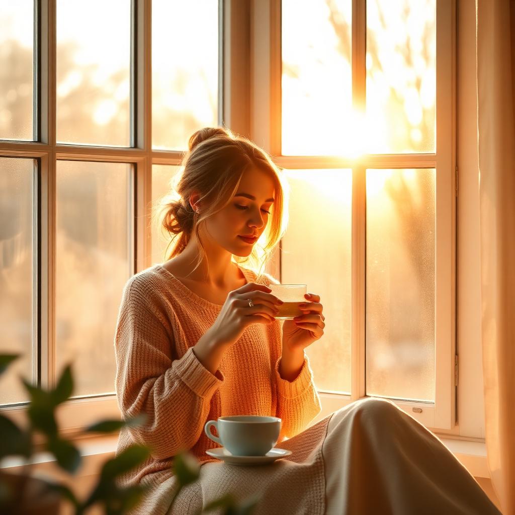 Woman drinking tea by a sunlit window