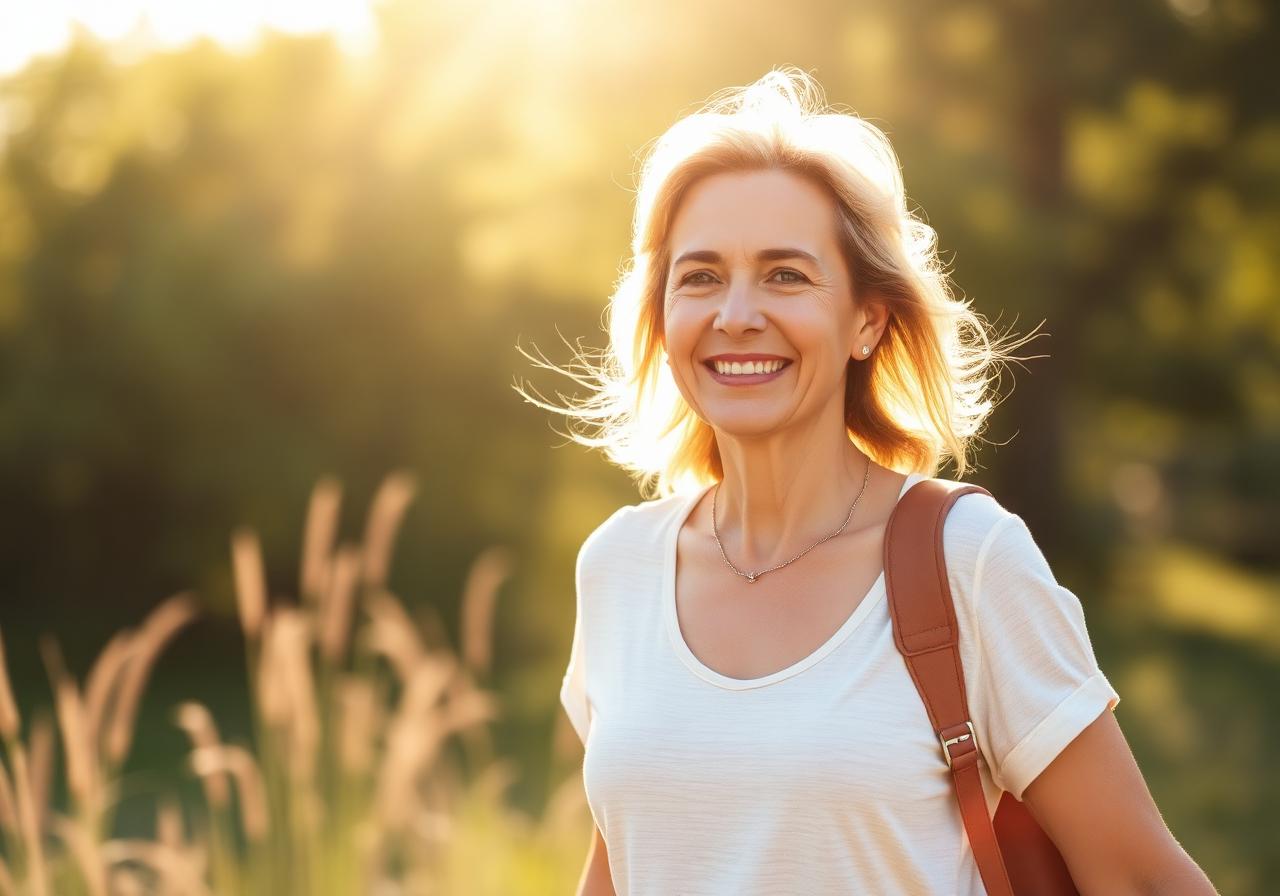 A woman walking outdoors in morning sunlight, looking energetic and happy