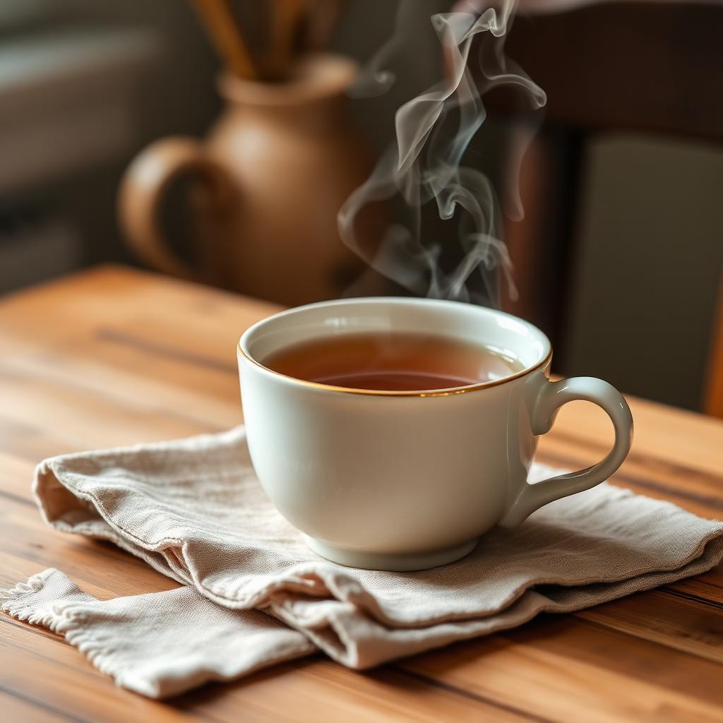 Steaming cup of tea on a wooden table