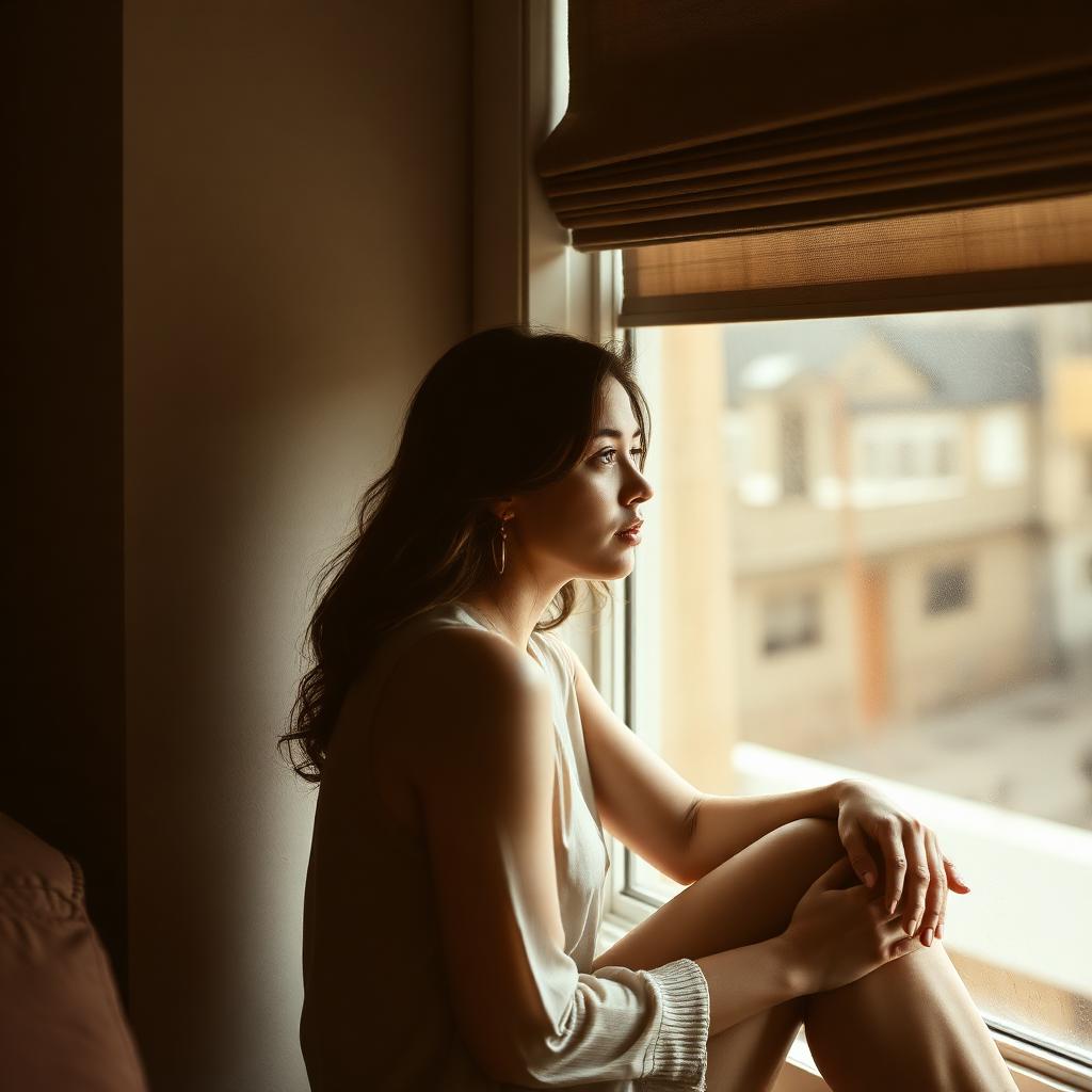 Woman looking reflective by a window